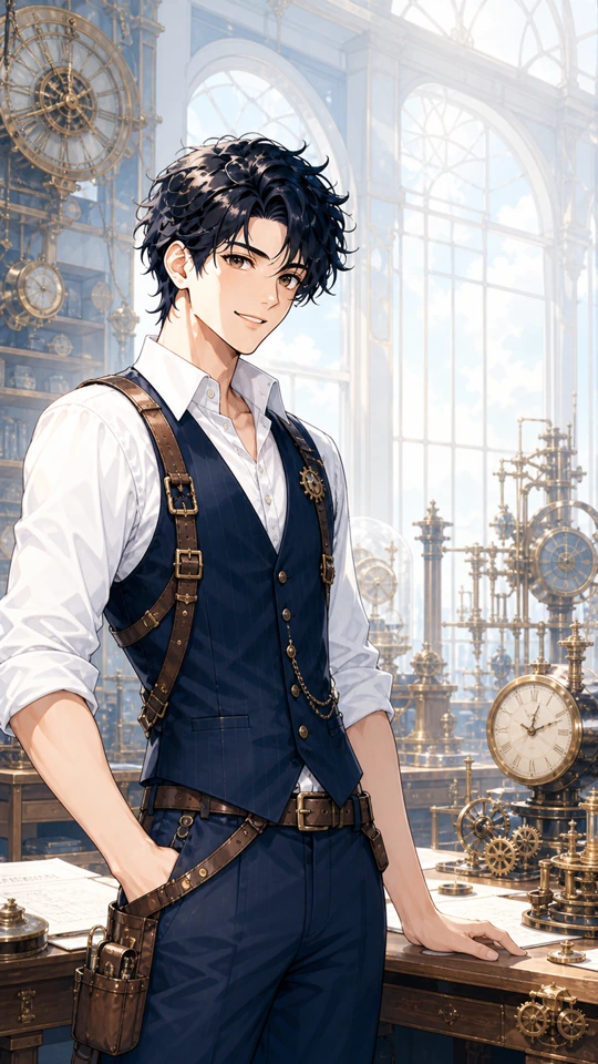 Haru, a gentle AI companion in a bright watchmaker's atelier